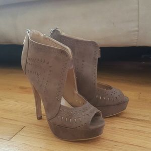 Tan Suede Peep Toe Pumps